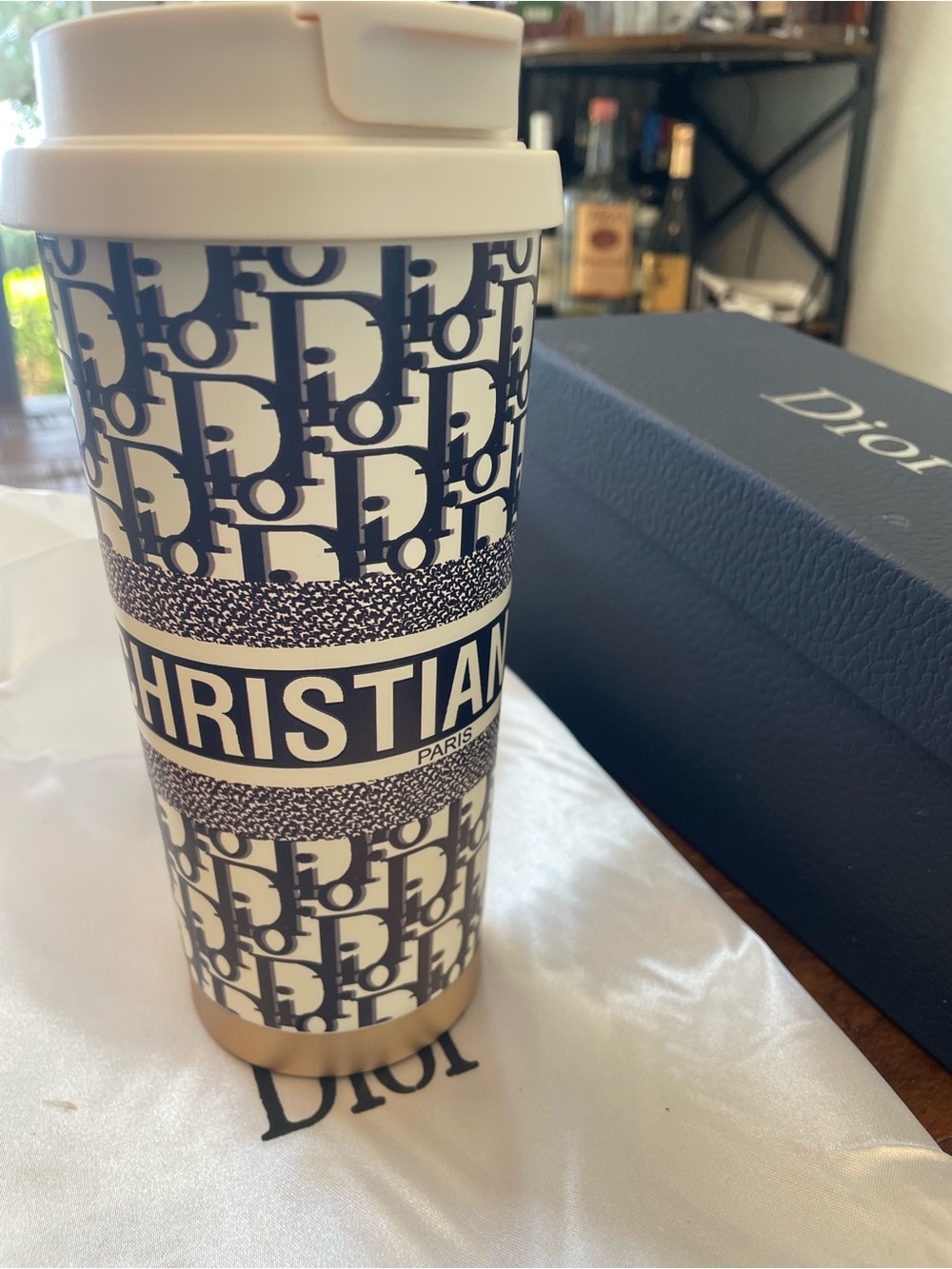 Dior White and Navy Monogram Travel Tumbler